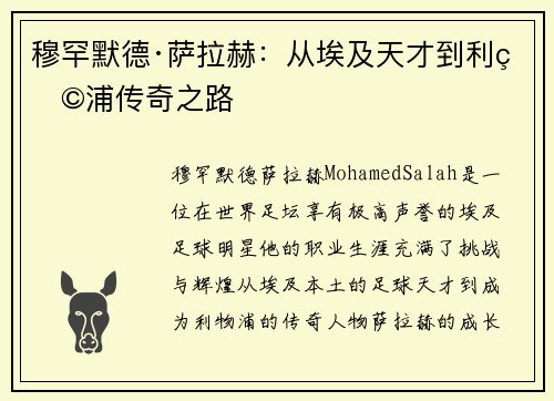 穆罕默德·萨拉赫:从埃及天才到利物浦传奇之路 穆罕默德·萨拉赫:从埃及天才到利物浦传奇之路